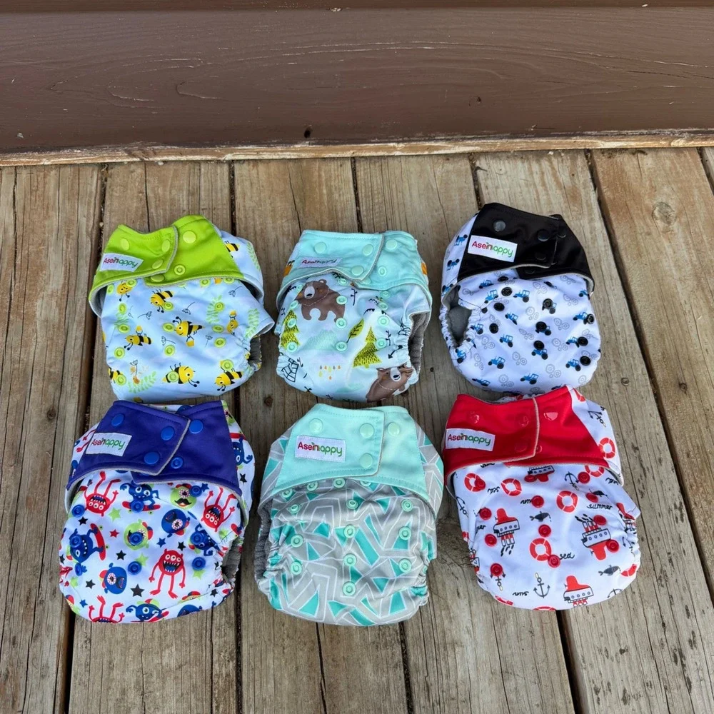 Asenappy Cloth Pocket Diaper Set Unisex OS Multicolor Reusable Snap 6 Pack